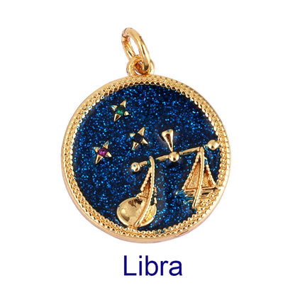 Zodiac Horoscope Sign Medallion Pendant Real 18K Gold Plated Sparkle Astro Coin for Necklace Bracelet Jewelry Making Supply