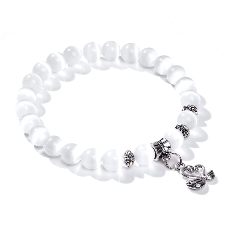 Fashion White Cat Eye Stone Beads Bracelet For Women Jewelry Men Animal Charm Bracelets Natural Stone Beaded Bracelets Shiny