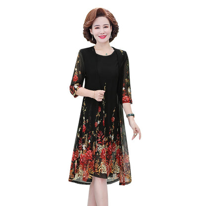 summer Net yarn 2 piece set dress cardigan women 4xl 5xl party midi flower dresses elegant vintage robe femme 2021