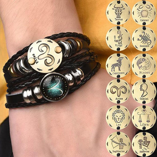 2pcs/set 12 Constellation Bracelets Luminous Charm Leather Bracelet Zodiac Horoscope Braided Bangle Men Women Jewelry Wrist Gift