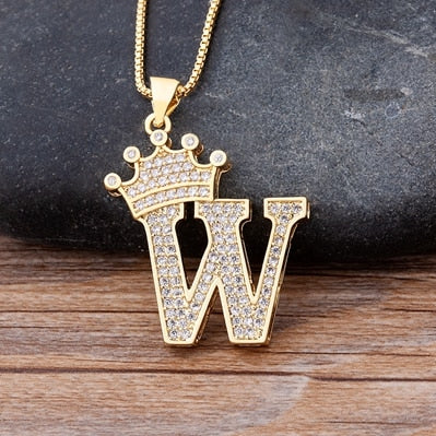 Nidin New Luxury Copper Zircon A-Z Crown Alphabet Pendant Chain Necklace Hip-Hop Style Fashion Woman Man Initial Name Jewelry