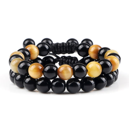 2pcs Men Shiny Black Natural Stone Beaded Bracelets Multicolor Tiger Eye Stone Obsidian Onyx Beads Bracelets Women Yoga Jewelry