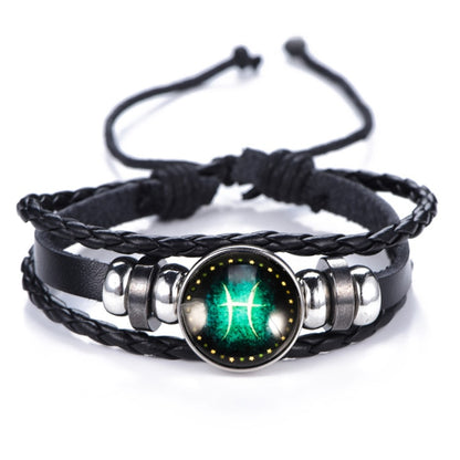 DropShipping Gemini Cancer Leo Virgo Libra Scorpio 12 Constellation Black punk Leather Bracelet Zodiac Bracelet for Men Women