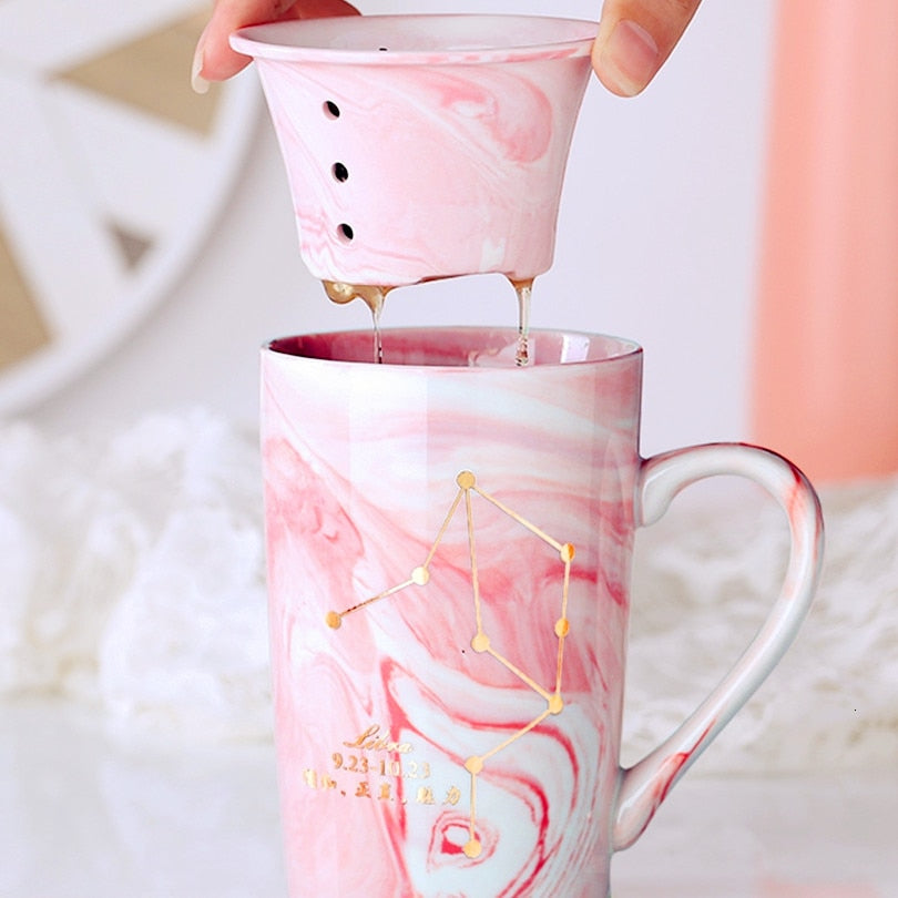 Natural Marble 12 Constellation Ceramic Pink Zodiac Mug With Lid Coffee Mugs Creative Personality Cup 380ml Cups And Mugs Xicara