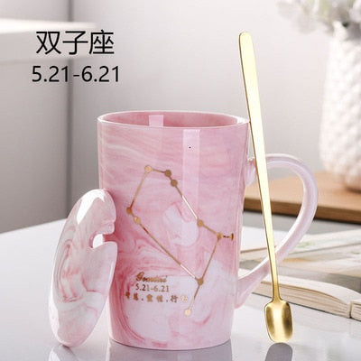 Natural Marble 12 Constellation Ceramic Pink Zodiac Mug With Lid Coffee Mugs Creative Personality Cup 380ml Cups And Mugs Xicara