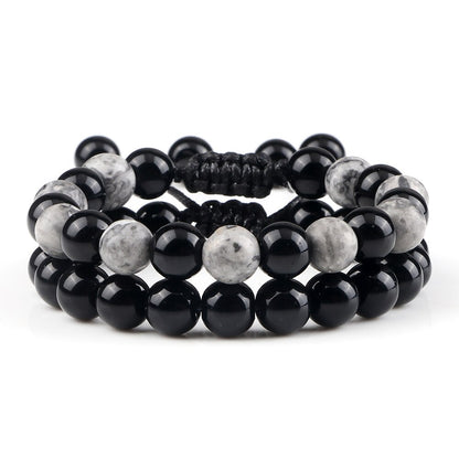 2pcs Men Shiny Black Natural Stone Beaded Bracelets Multicolor Tiger Eye Stone Obsidian Onyx Beads Bracelets Women Yoga Jewelry