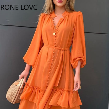 Women Ruffles Frill Hem Lantern Sleeve Button Front Dress Casual Dress Summer Dress