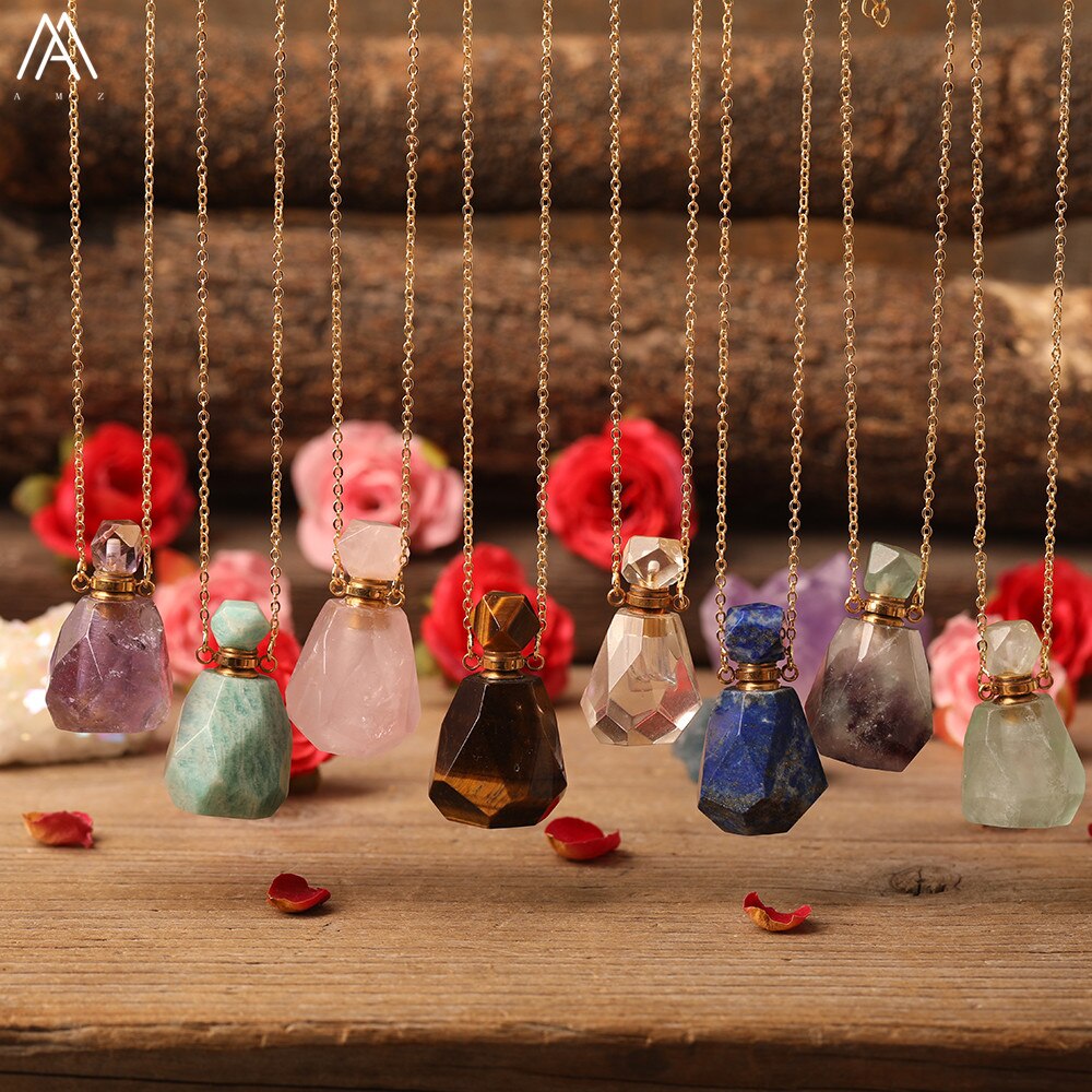 Natural Purple Agates Smoky Color Quartz Rainbow Fluorite Stone Gold Perfume Bottle Pendant For Necklace Making Women Jewelry