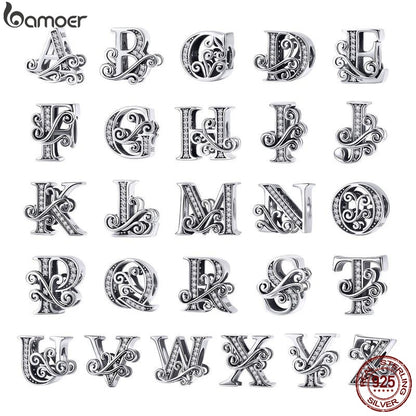 BAMOER 925 Sterling Silver Letter Vintage A to Z 26 Letter Charms Openwork CZ Alphabet Beads Fit Charm Bracelet BSC030