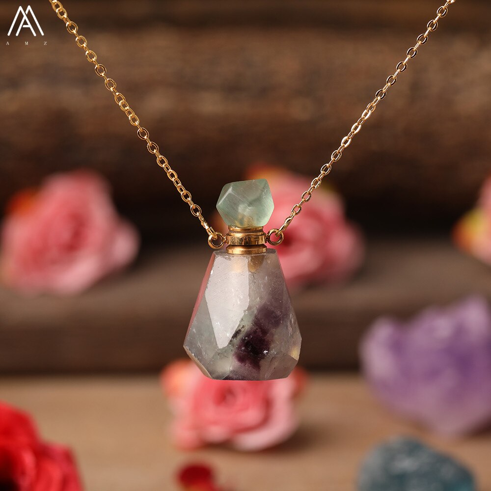 Natural Purple Agates Smoky Color Quartz Rainbow Fluorite Stone Gold Perfume Bottle Pendant For Necklace Making Women Jewelry