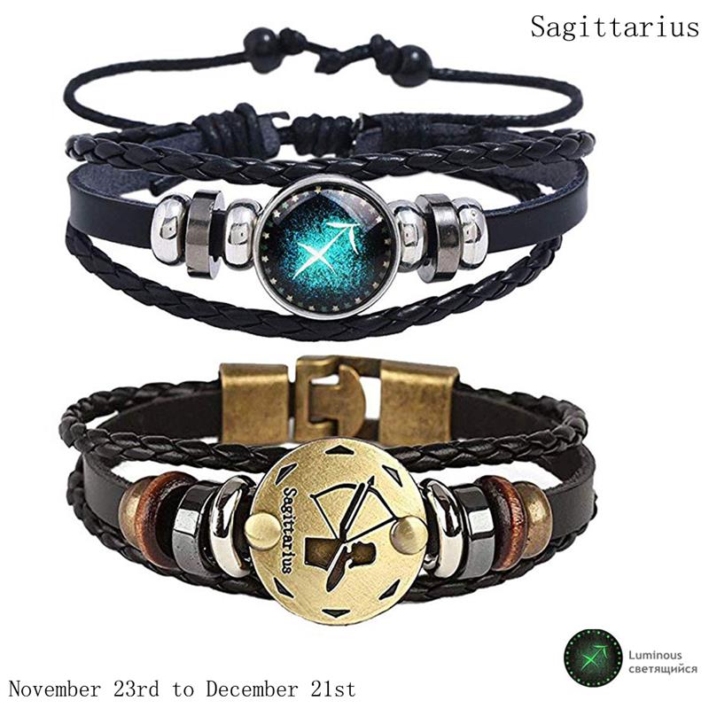 2pcs/set 12 Constellation Bracelets Luminous Charm Leather Bracelet Zodiac Horoscope Braided Bangle Men Women Jewelry Wrist Gift