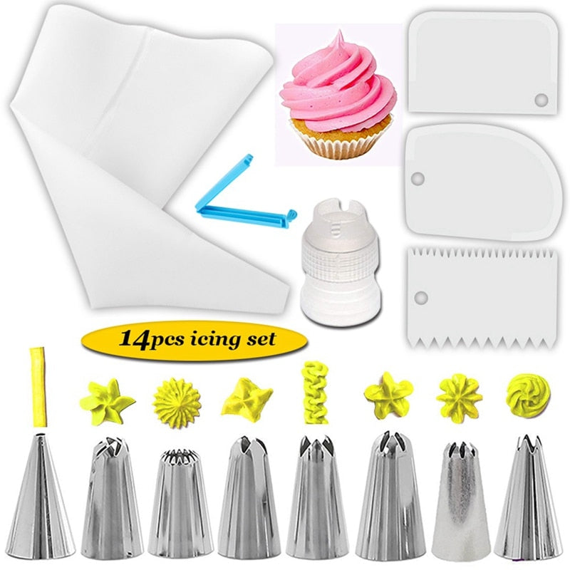 16Pcs Reusable Icing Piping Nozzles Set Pastry Bag Cake Decorating Tools Scraper Flower Cream Tips Converter Baking Cup