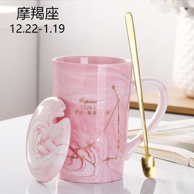 Natural Marble 12 Constellation Ceramic Pink Zodiac Mug With Lid Coffee Mugs Creative Personality Cup 380ml Cups And Mugs Xicara