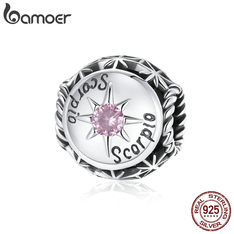 bamoer Zodiac Star Sign 925 Sterling Silver Charm Beads Fit for Charm Bracelets, 12 Constellations Cubic Zirconia Charm SCC1725