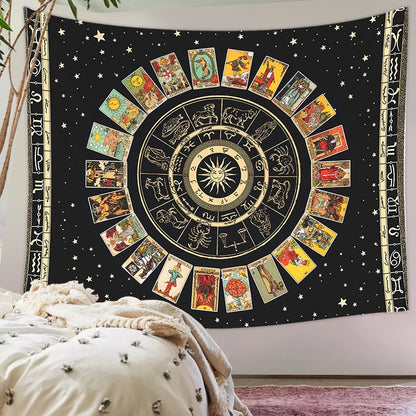 Mandala Tarot Card Tapestry Wheel of the Zodiac Astrology Chart &amp; the Major Arcana Tarot Sun and Moon Wall Hanging Home Decor