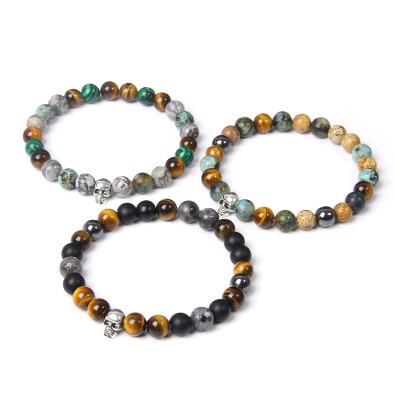 Skull Bracelets For Men Women Natural Stone Tiger Eye Bracelet Malachite Labradorite 8MM Beads Stretch Bangles Punk Jewelry