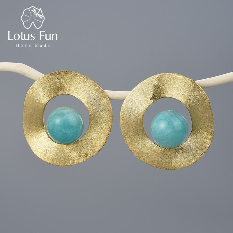 Lotus Fun Natural Gemstone Minimalist Style Uneven Round Stud Earrings Real 925 Sterling Silver 18K Gold Handmade Fine Jewelry