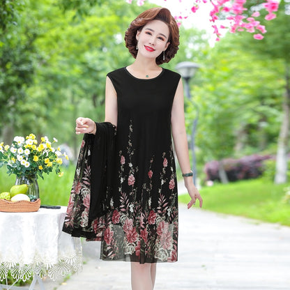 summer Net yarn 2 piece set dress cardigan women 4xl 5xl party midi flower dresses elegant vintage robe femme 2021