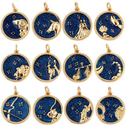 Zodiac Horoscope Sign Medallion Pendant Real 18K Gold Plated Sparkle Astro Coin for Necklace Bracelet Jewelry Making Supply