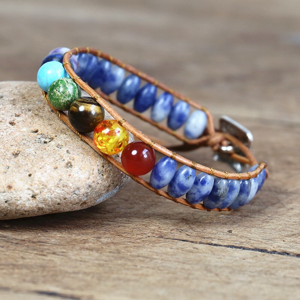 7 Chakra Stone Leather Bracelet for Women Men Handmade Jewelry Blue Dot Beaded String Wrap Charm Bracelet Dropship