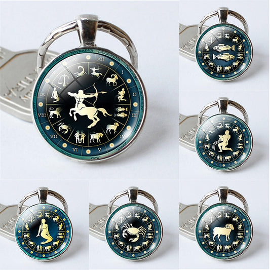 Time 12 Constellation Jewelry Key Chains Zodiac Signs Keychain Key Rings Bag Car Round Glass Cabochon Pendant Man Woman Gift