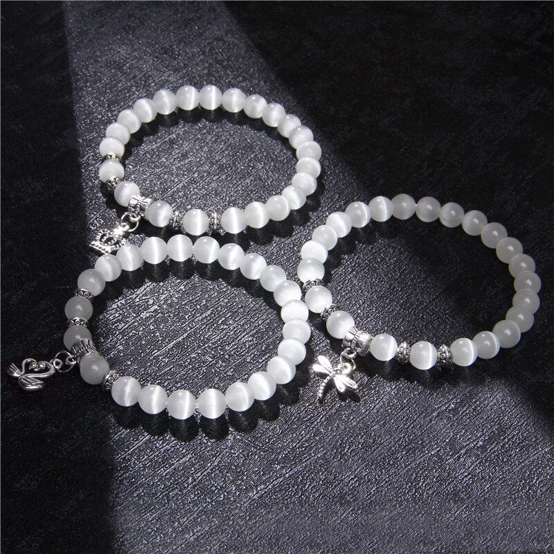 Fashion White Cat Eye Stone Beads Bracelet For Women Jewelry Men Animal Charm Bracelets Natural Stone Beaded Bracelets Shiny