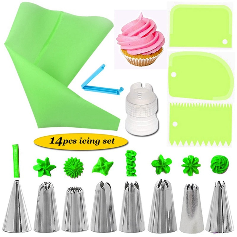 16Pcs Reusable Icing Piping Nozzles Set Pastry Bag Cake Decorating Tools Scraper Flower Cream Tips Converter Baking Cup