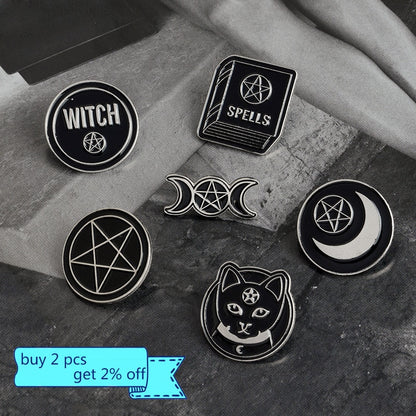 Punk Trendy WITCH kitty enamel pin triple moon pentacle brooch circular WITCH DO IT BETTER badge tarot card cross coffin jewelry