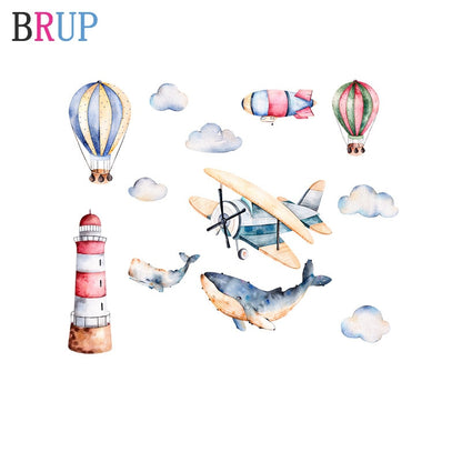 Hand Painted Style Hot Air Balloon Wall Stickers Sharks Airplane Wall Decals for Kids Room Baby Nursery Decoration Home Decor