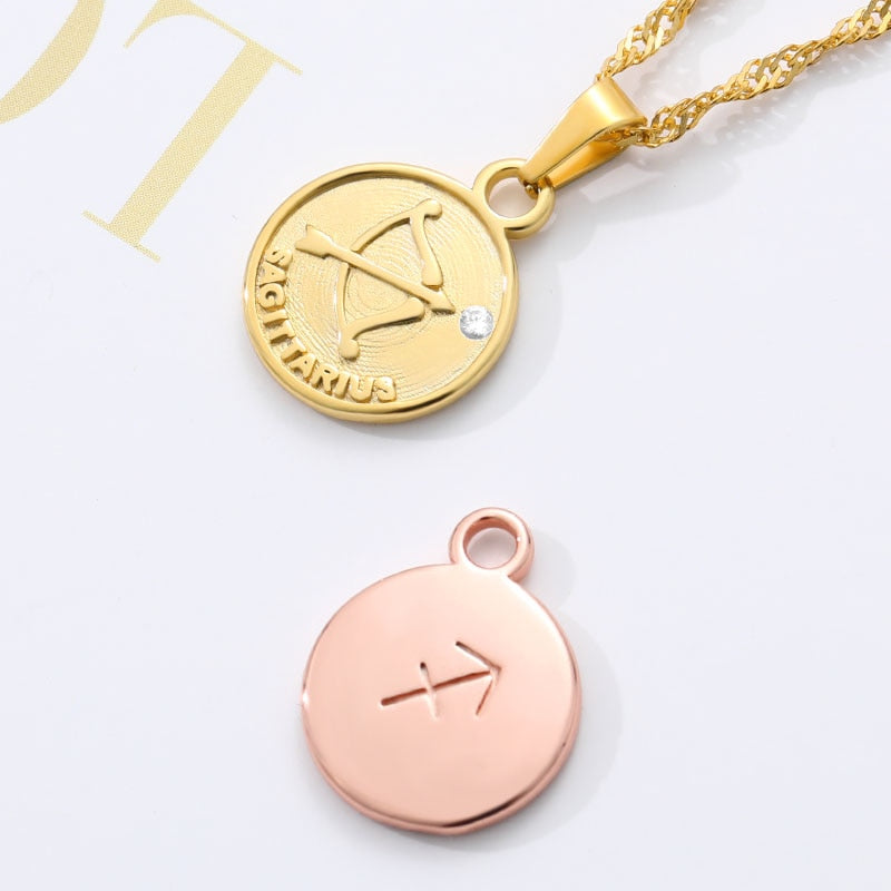 Round Coin Pendant Zodiac Sign Stainless Steel Minimalism Jewelry For Women Girl Aquarius Pisces Sagittarius Necklaces BFF