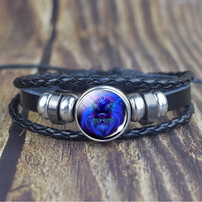 12 Zodiac Signs Glass Dome Leather Bracelet Fashion Jewelry for Couple Aries Taurus Leo Cancer Aquarius Pisces Bangle Bracelet