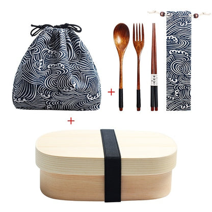 Wooden Lunch Box Picnic  Japanese Bento Box for School Kids Dinnerware Set with Bag&amp;Spoon Fork Chopsticks Round Square Lunch Box