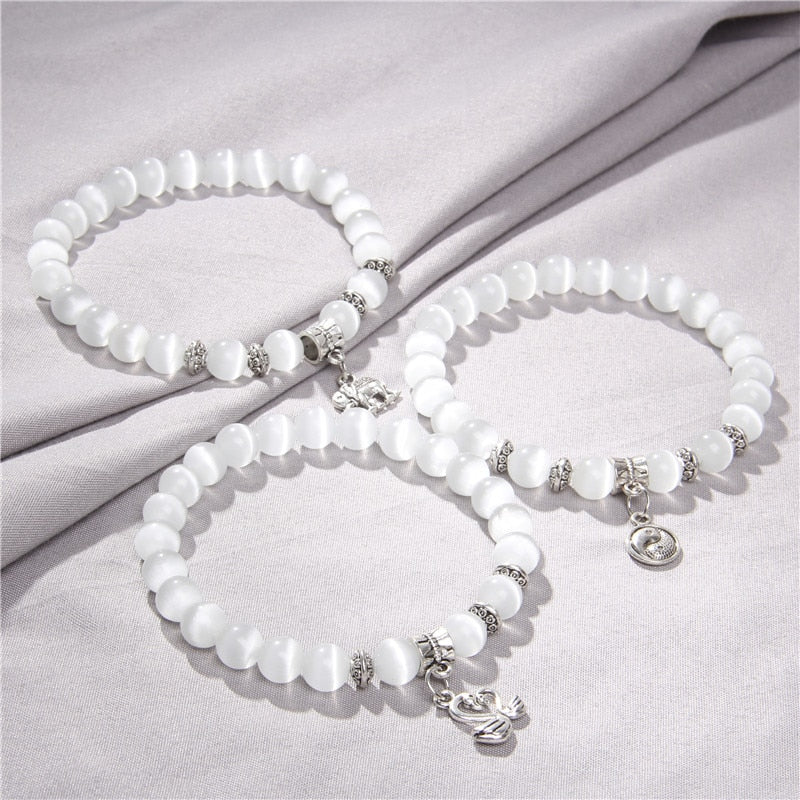 Fashion White Cat Eye Stone Beads Bracelet For Women Jewelry Men Animal Charm Bracelets Natural Stone Beaded Bracelets Shiny