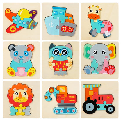 Baby Montessori Toys 3D Puzzle Cartoon Animals Vehicle Cognitive Jigsaw Puzzle Wooden Toys for Children Baby Puzzle Game Gift