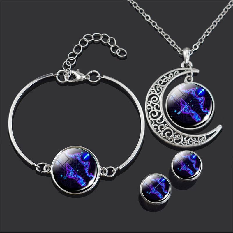 Constellation Jewelry Set 12 Zodiac Signs Glass Cabochon Necklace Bracelet Earrings Set Women 4PCS Jewelry Set Birthday Gifts