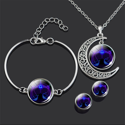 Constellation Jewelry Set 12 Zodiac Signs Glass Cabochon Necklace Bracelet Earrings Set Women 4PCS Jewelry Set Birthday Gifts