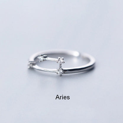 New Minimalist Inlaid Cubic Zircon 12 Constellation Zodiac Sign Rings for Women Simple Silver Color Adjustable Ring Jewelry Gift