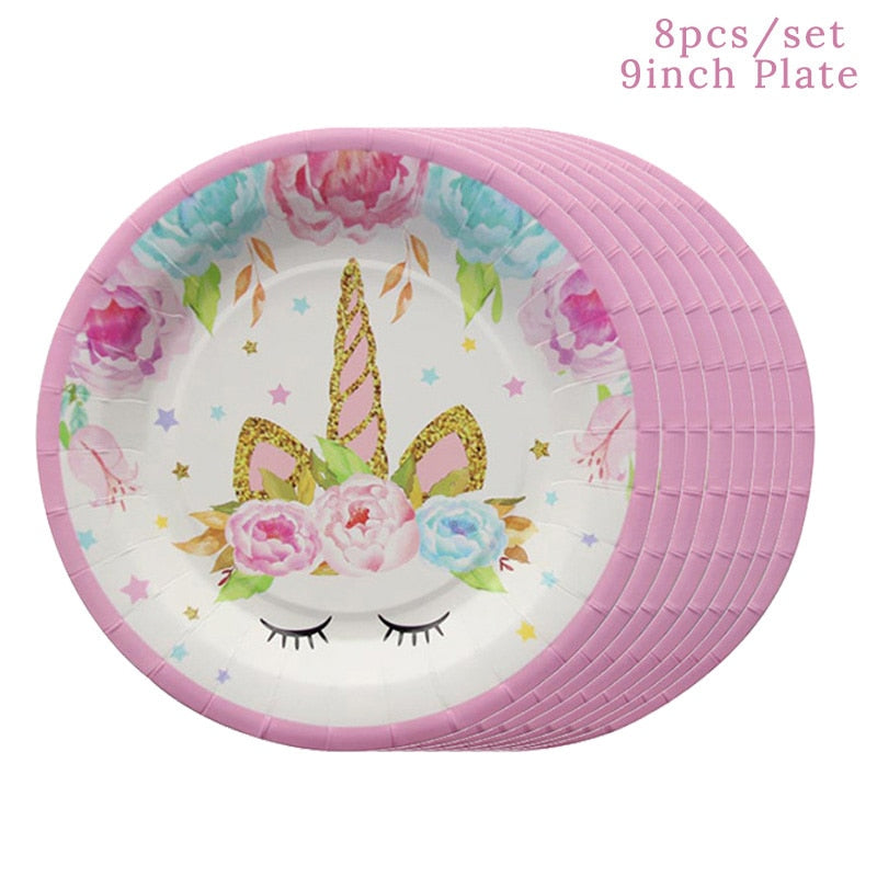 Unicorn Party 3-tier Cup Cake Stand Paper Plates Cups Balloon Birthday Party Decoration Kids Unicornio Party Girls Baby Shower