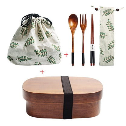 Wooden Lunch Box Picnic  Japanese Bento Box for School Kids Dinnerware Set with Bag&amp;Spoon Fork Chopsticks Round Square Lunch Box