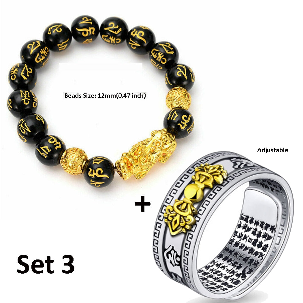 Black Pixiu Bracelet Ring Set Feng Shui Buddhist Bead Bracelet Obsidian Bead Bracelet Men&#39;s Women&#39;s Wealth Good Luck Accessories