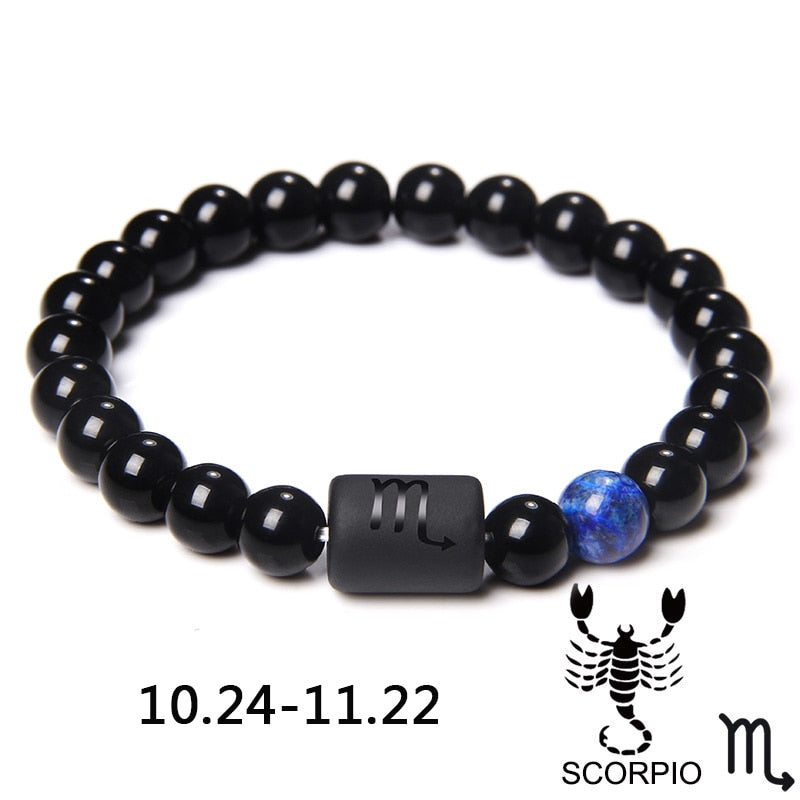 12 Constellation Zodiac Signs Beads Couples Bracelet Natural Black Onyx Stone Elastic Charm Bracelet for Women Men Birthday Gift