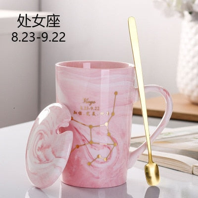 Natural Marble 12 Constellation Ceramic Pink Zodiac Mug With Lid Coffee Mugs Creative Personality Cup 380ml Cups And Mugs Xicara