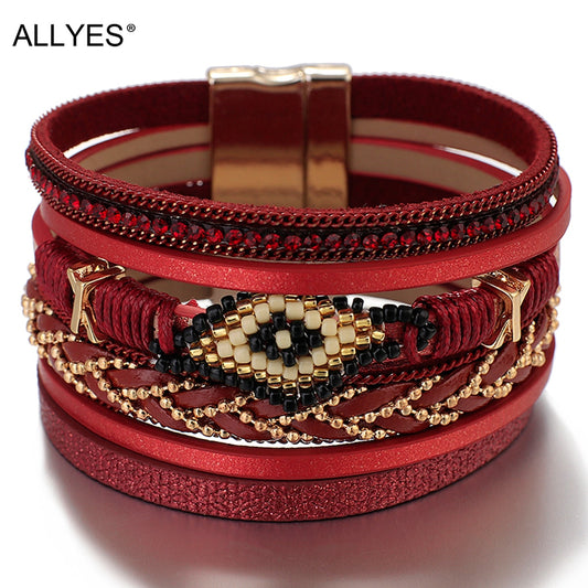 ALLYES MIYUKI Beads Evil Eye Wrap Bracelet for Women Fashion Multilayer Leather Bracelet Rhinestone Handmade Female Jewelry