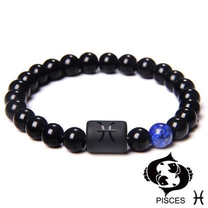 12 Constellation Zodiac Signs Beads Couples Bracelet Natural Black Onyx Stone Elastic Charm Bracelet for Women Men Birthday Gift