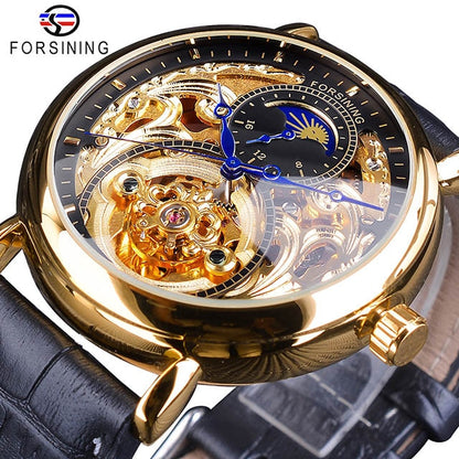 Forsining 2018 Royal Golden Skeleton Display Blue Hands Brown Genuine Leather Belt Mens Mechanical Wristwatches Clock Male