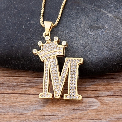 Nidin New Luxury Copper Zircon A-Z Crown Alphabet Pendant Chain Necklace Hip-Hop Style Fashion Woman Man Initial Name Jewelry