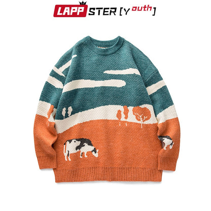 LAPPSTER-Youth Men Cows Vintage Winter Sweaters 2022 Pullover Mens O-Neck Korean Fashions Sweater Women Casual Harajuku Clothes