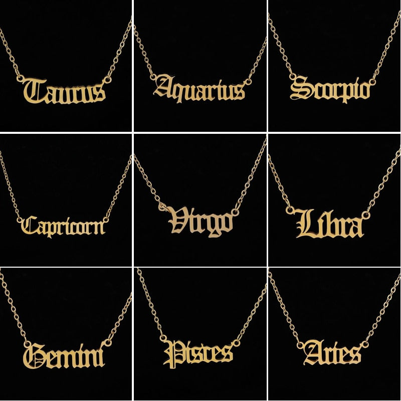 Personalize Jewelry Leo Zodiac Sign Astrology Necklace Star Sign 12 Constellation Old English Letter Aries Necklaces Gift