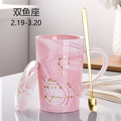 Natural Marble 12 Constellation Ceramic Pink Zodiac Mug With Lid Coffee Mugs Creative Personality Cup 380ml Cups And Mugs Xicara