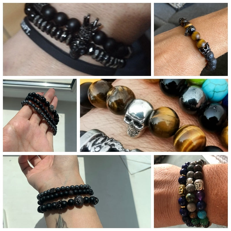 Skull Bracelets For Men Women Natural Stone Tiger Eye Bracelet Malachite Labradorite 8MM Beads Stretch Bangles Punk Jewelry